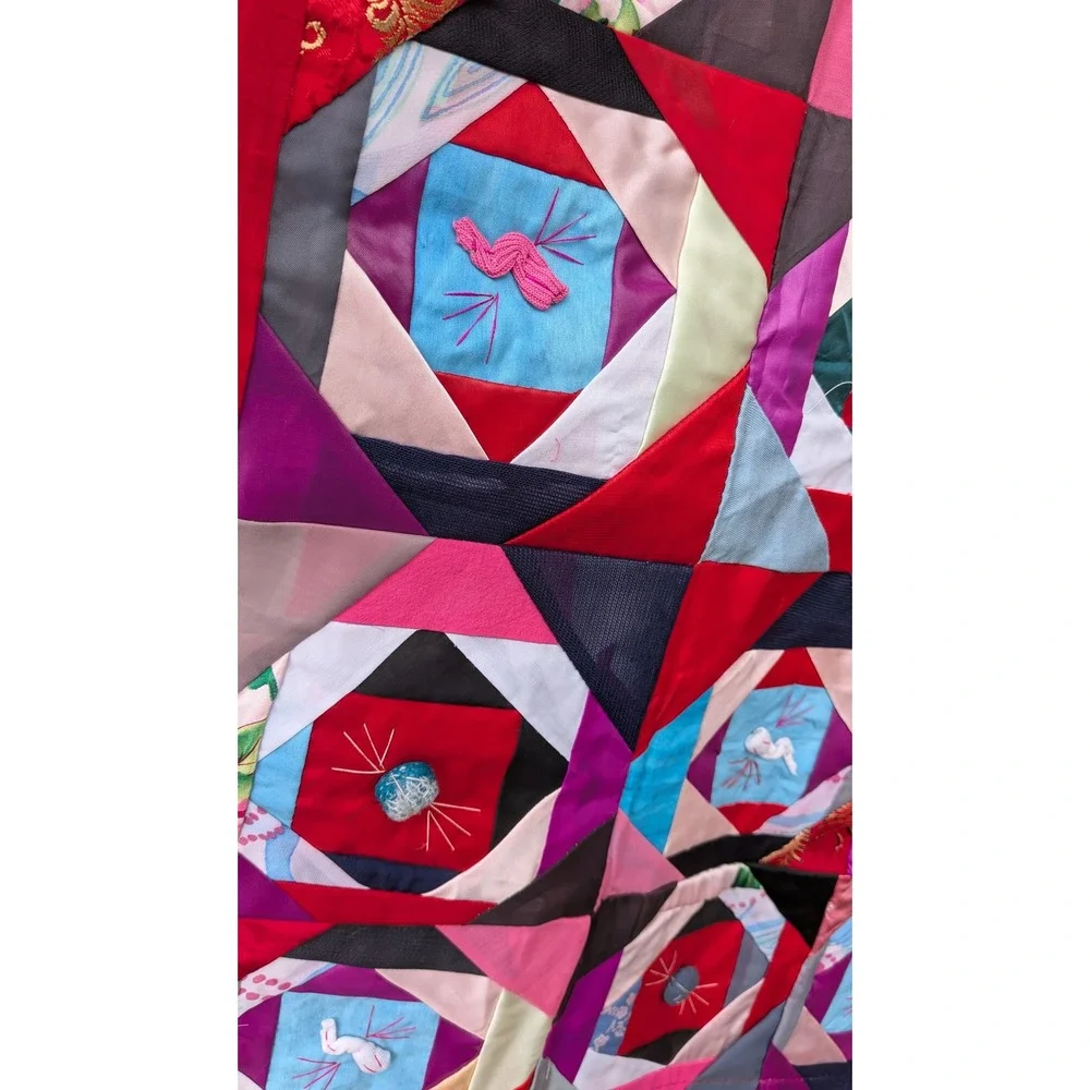 Vintage Chinese Patchwork Quilt Tapestry Red Panda Butterfly Embroidery 54x58